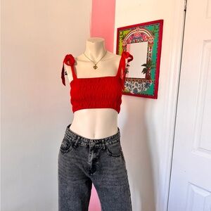 Charlie Holiday Red Tie-Strap Smocked Crop Top